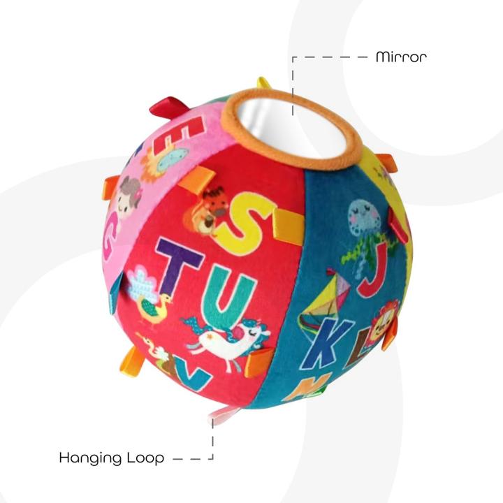 Moon MOON Soft Ball for Baby Colorful Engaging Kids Toy Activity Ball with Rattle, Loops-Alphabets