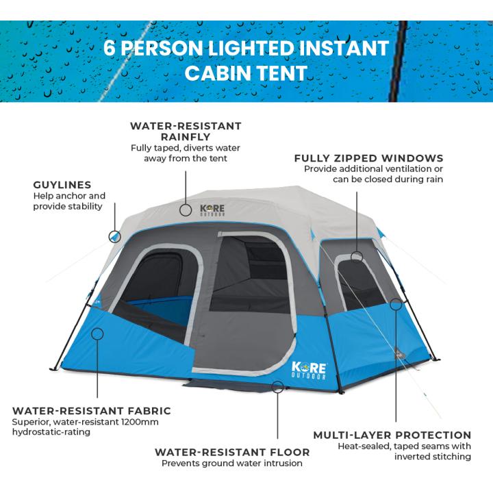 Kore Outdoor 6 person lighted instant cabin tent 11&rsquo; x 9&rsquo;