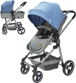 Moon Pro Stroller &amp; Pram &ndash; 2-In-1 Baby Trolley Convertible to Carry Cot &ndash; Reversible Reclining Portable Bassinet for Infants &amp; Toddlers - Birth to 3yrs (0 to 18kg) - Blue