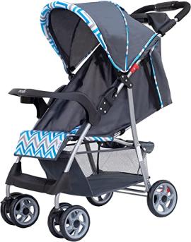 Moon Trek Baby Stroller &ndash; One Hand Fold Baby Travel Gear &ndash; Lock, Dual Tray, Leg Rest, Multi-Reclining Seat &ndash; Baby Trolley for Newborn, Infant &amp; Toddler &ndash; 0m+ (Up to 24 Kg) &ndash; Blue Stripes
